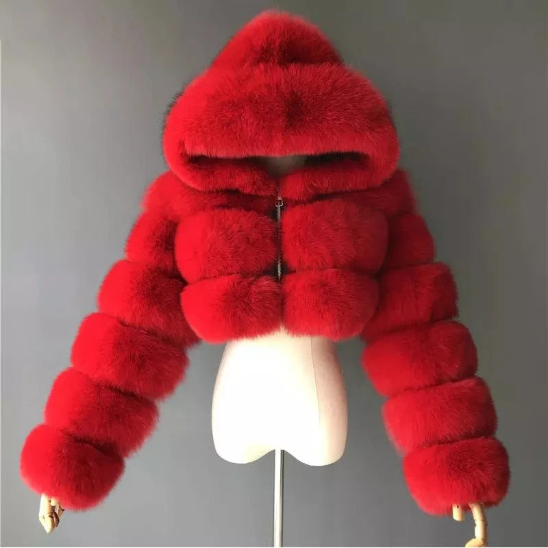 High Quality Furry Cropped Faux Fur Coats and Jackets Women Fluffy Top Coat With Hooded Winter Fur Jacket Manteau Femme