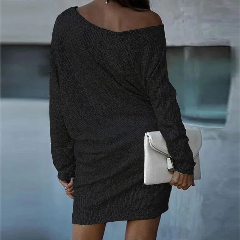 Autumn Fashion Club Party Irregular Dress New Women Casual Solid Long Sleeved Dress Sexy Slanted Collar Shiny Sequin Mini Dress