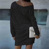 Autumn Fashion Club Party Irregular Dress New Women Casual Solid Long Sleeved Dress Sexy Slanted Collar Shiny Sequin Mini Dress