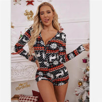 Christmas Printed Pattern Pajama Y2k V-neck Bodysuit Women Long Sleeve Bodycon Playsuit Harajuku Christmas Rompers Sleepwear