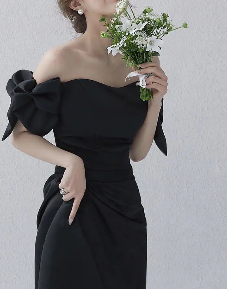 Sweet Bow Off The Shoulder Wedding Dresses Satin Black Evening Dress Elegant Floor-length A Line Simple Bridal Dress Customized