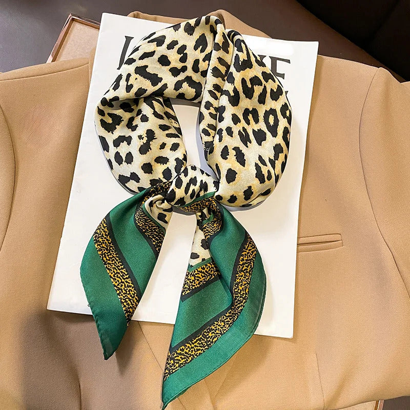 Fashionable 70*70cm Leopard Print Scarf For Women Spring/summer Soft Satin Borders Square Bandana Sun Protection Shawls