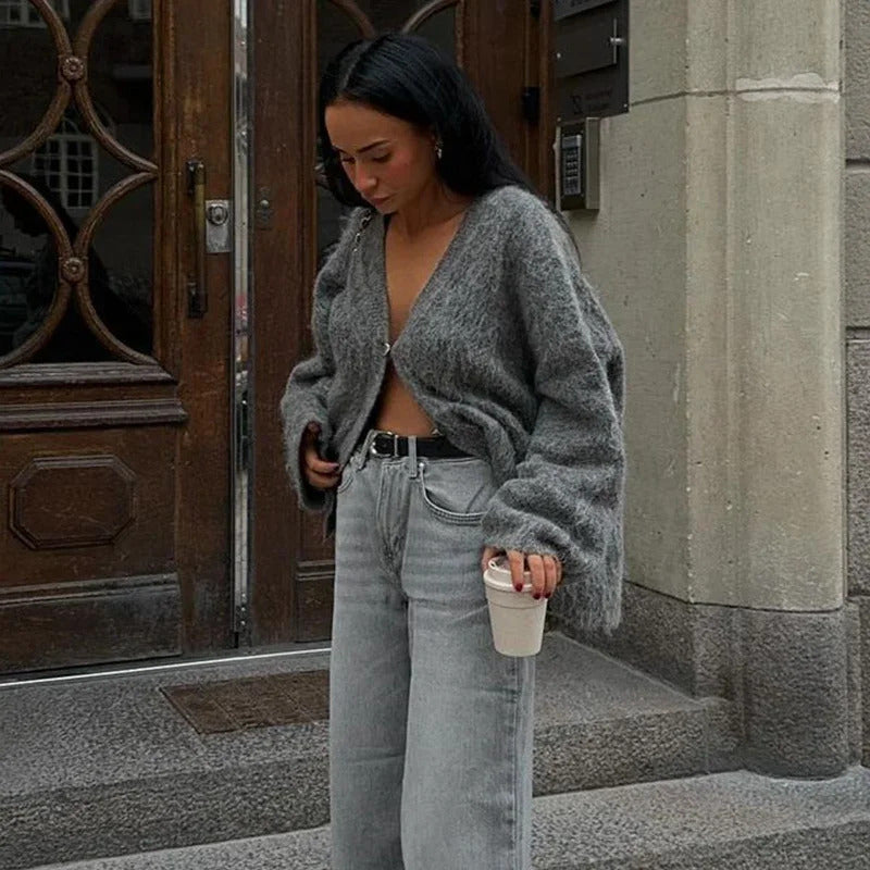 Casual Knitted Cardigan Women Loose V-neck Autumn Winter Grey Buttons Sweater Female Long Sleeve Solid  Knitwear Lady Streetwear