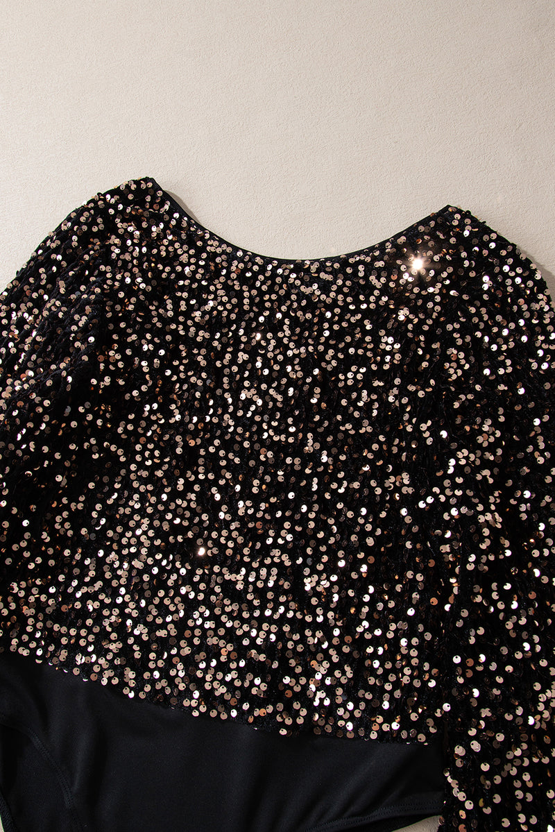 Black Deep V Back Sequin Puff Sleeve Bodysuit