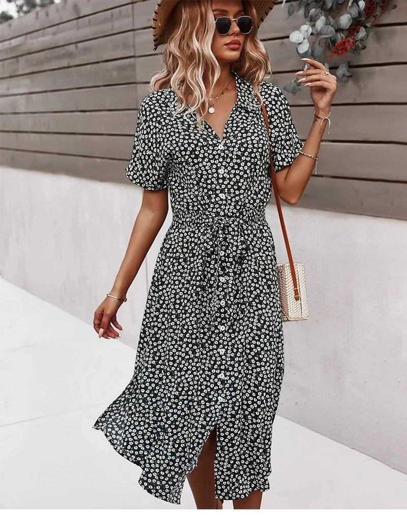 Summer Women Floral Print Dress Casual Short Sleeve Button Holiday Midi Dresses Female V-Neck Beach Boho Chic Dress Elegant Robe