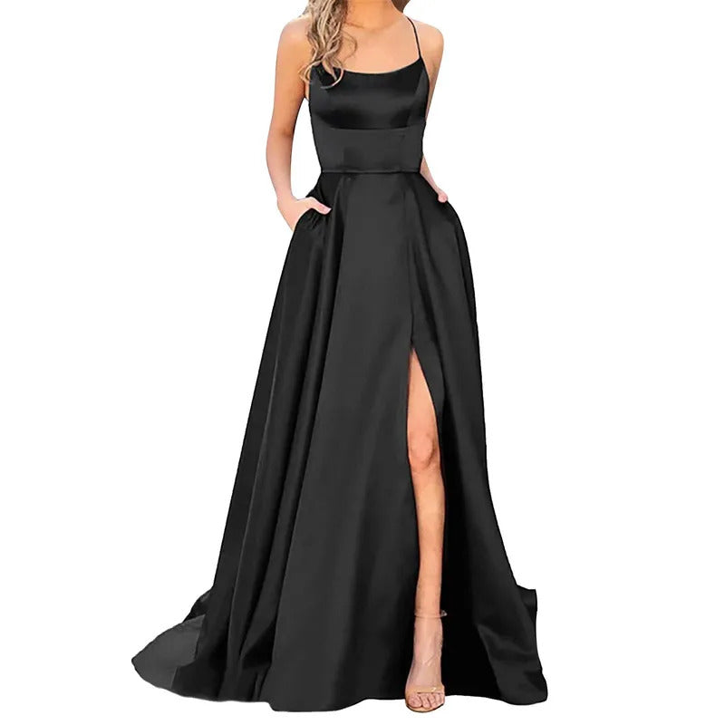 Solid Fit And Flare Women Prom Dresses Ladies Long Lady Elegant Backless Long Dresses Side Slit Wedding Evening Party Dress