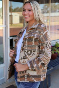 Brown Aztec Print Flap Pocket Button-up Jacket