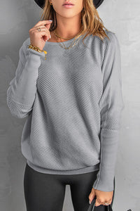 Gray Slouchy One Shoulder Dolman Sleeves Ribbed Sweater