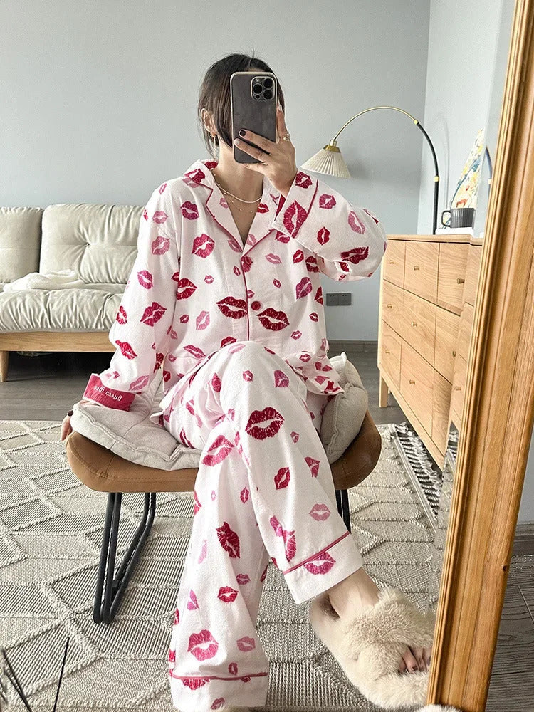 100% Cotton Pajamas for Women Loose Cartoon Long Sleeve Pants Loungewear Women 2 Piece Set Pj Women Outfit Sleepwear Set Pijamas