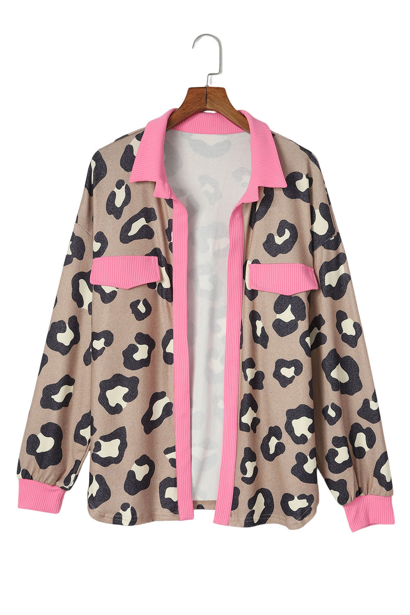 Leopard Ribbed Contrasting Trim Collared Jacket