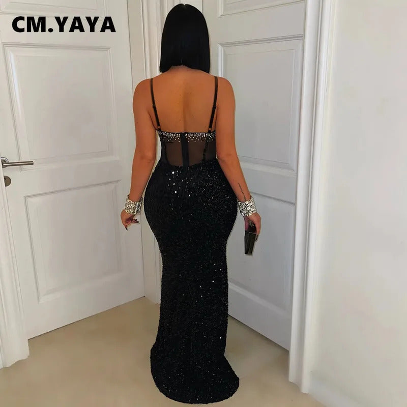 CM.YAYA Women Mesh Velvet Diamonds Sleeveless Strap Bodycon Maxi Dress Sequine Birthday Sexy Party Evening Vestidos Long Dresses