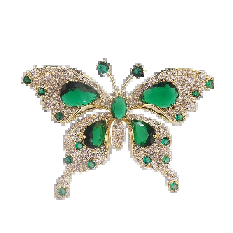 Retro Green Emerald Crystal Butterfly Brooches for Women Girls Elegant Badges Classic Lady Dress Suit Jewelry Accessories Gifts