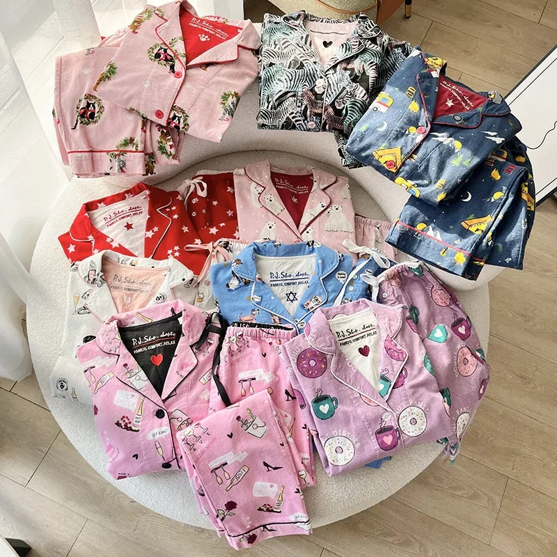 100% Cotton Pajamas for Women Loose Cartoon Long Sleeve Pants Loungewear Women 2 Piece Set Pj Women Outfit Sleepwear Set Pijamas