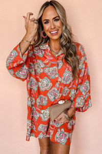 Red Floral Print Lapel Collar Loose Shirt Mini Dress