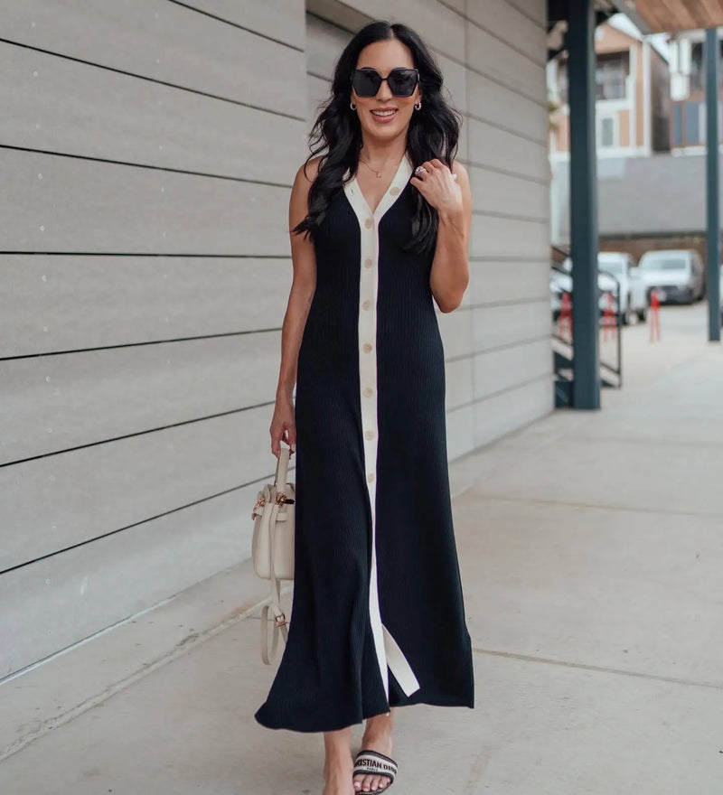 Tossy Knit Cardigan Maxi Dress Women's Summer V-Neck Contrast Sleeveless Ribbed Fashion Elegant Dress Female Knitwear Long Dress