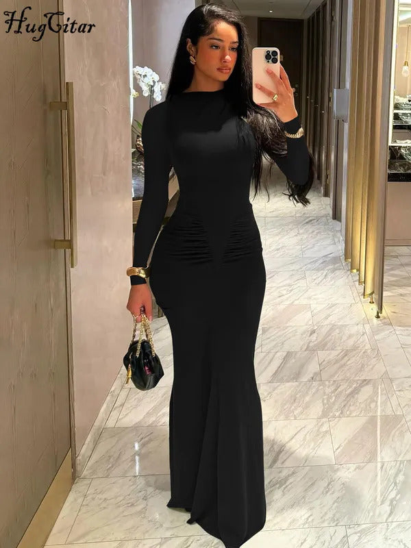 Hugcitar 2024 Autumn Solid Long Sleeve Draped Sexy Bodycon Maxi Prom Dress Women Fashion Y2K Outfits Evening Party Festival