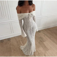 Elegant Off Shoulder Lace Maxi Dress Women Fashion Hollow Out Long Flare Sleeve Slim Dresses 2024 New Female Evening Party Gowns