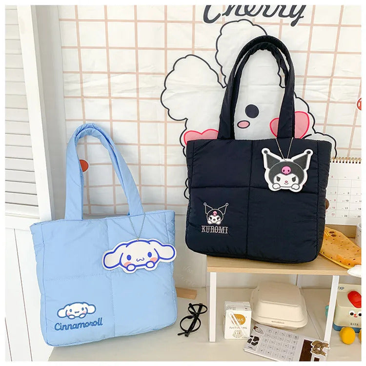 2024 New Sanrio Handbag Cartoon Cute Down Fabric Kuromi Tote Bag Shoulder Pacha Dog Cute Stationery Bag Large Capacity Handbag