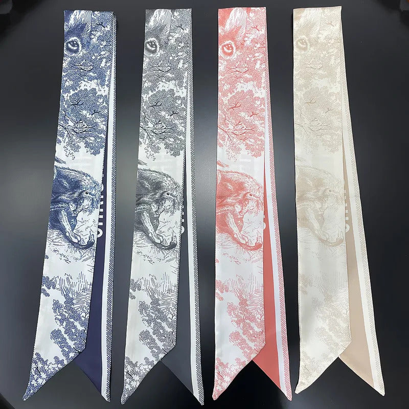 French Spring Hot Sale Plants Jungle Animals Women's Twill Decoration Sharp Horn Strap Bag Spot Silk Band Hair Band Small Scarf