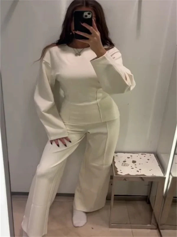 Women Two Piece Sets Solid O-neck Full Sleeve Sweatshirt Loose Elastic Waist Straight Pants Suit 2025 Spring Autumn Lady Outfits