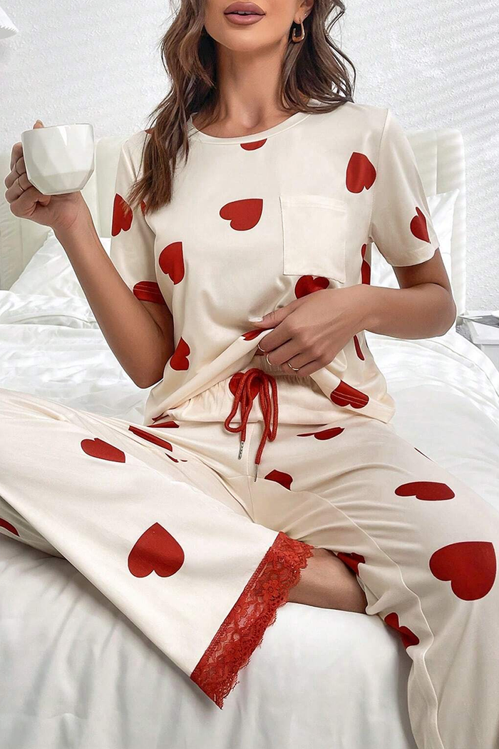 White Valentines Heart Print Lace Hem Tee Pants Pajama Set