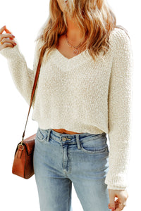 White Cropped V Neck Fuzzy Sweater