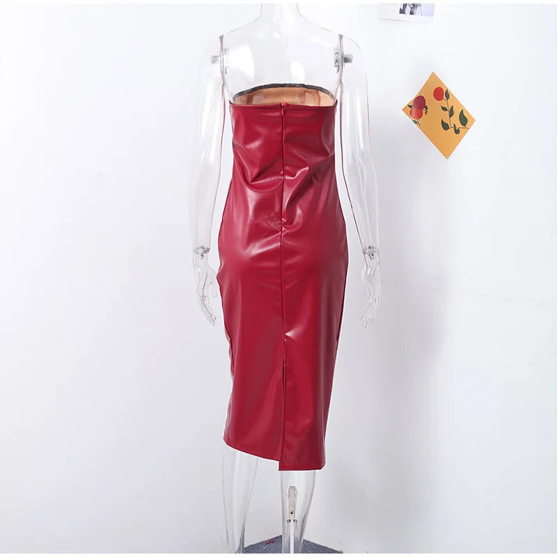 Sexy Pu Leather Maxi Dresses Women Burgundy Sleeveless Backless Hip Package Split Strapless Dress Female 2024 Lady Party Robes