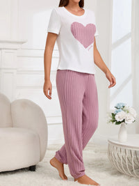 Women's new style pajamas set heart pattern short sleeve shirt trousers two-piece simple and lovely casual home wear