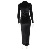 Autumn Winter Women Solid Velvet Long Sleeve Ruched Midi Dress Side Slit Bodycon Sexy Streetwear Party Elegant Club