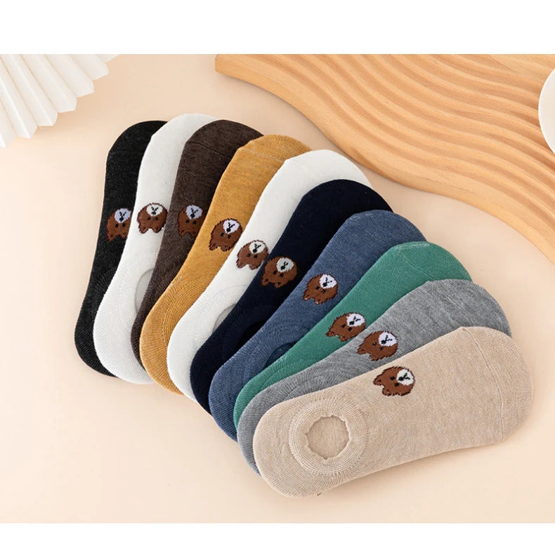 3/5/6/10 Pairs of WOMEN and MEN Cotton Socks, Casual Breathable Short Socks, and Girls' Cartoon Bear Low Cut Ankle Boat Socks