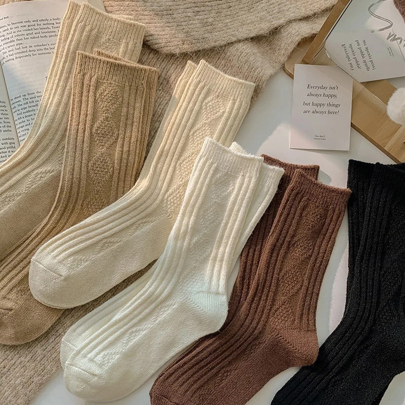 3 Pairs/Lot New Cashmere Wool Socks Women's Winter Thicken Warm Black White Pack Set Thermal Japanese Fashion Solid Color