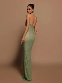 Sexy Halter Deep V Neck Sequins Maxi Dress Women Green Sleeveless Backless Sequined Slim Long Dresses Celebrity Party Gowns