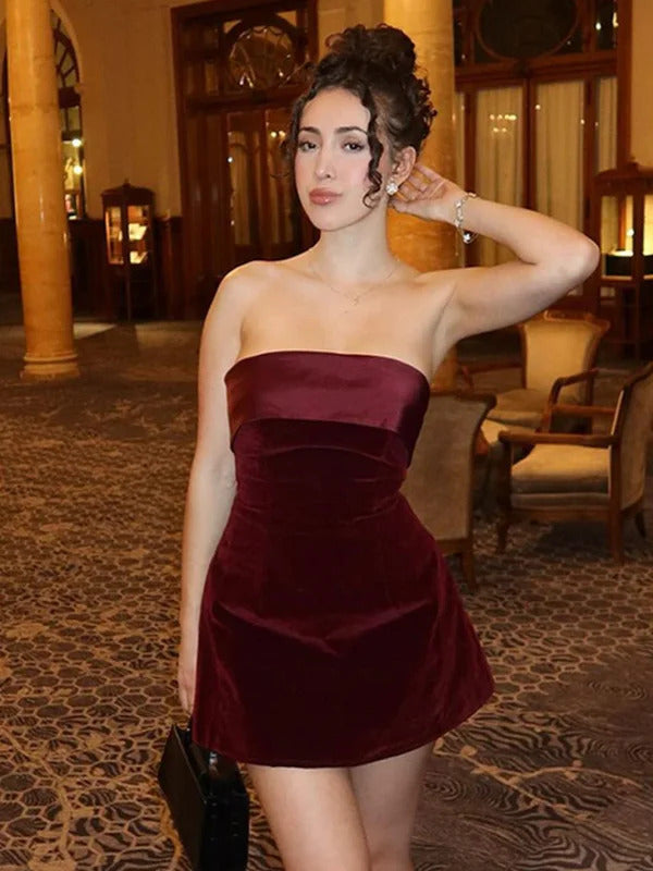 Christmas Red Velvet Gathered Corsetry-inspired Dress Women Chic A-line Pleated Party Dresses 2024 Lady Wedding Evening Vestidos