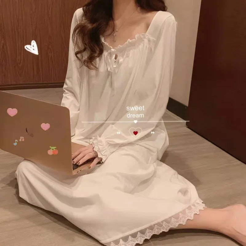 Long-Sleeved Princess Style Nightgown Loose Large Size Can Be Worn Outside the Home Wear Summer Women's Pajamas Lace White Korea