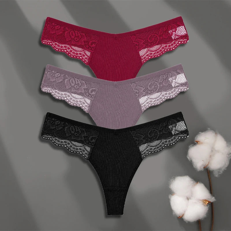 FINETOO 3Pcs Women's Cotton Underwear Lace Thongs Sexy Solid Color Low Waist Bikini Panties Ladies Breathable G-string Lingerie