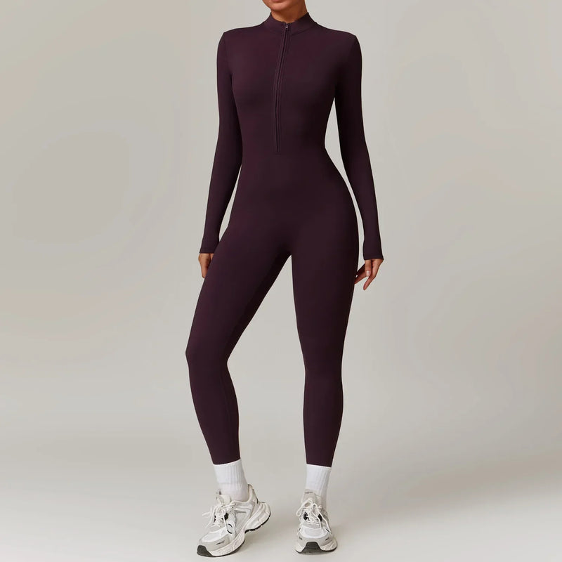 Autumn Winter Sporty Jumpsuit Women Sportswear Long Sleeve Zipper Warm Gym Fitness Overall Yoga Workout Clothes One Piece Outfit