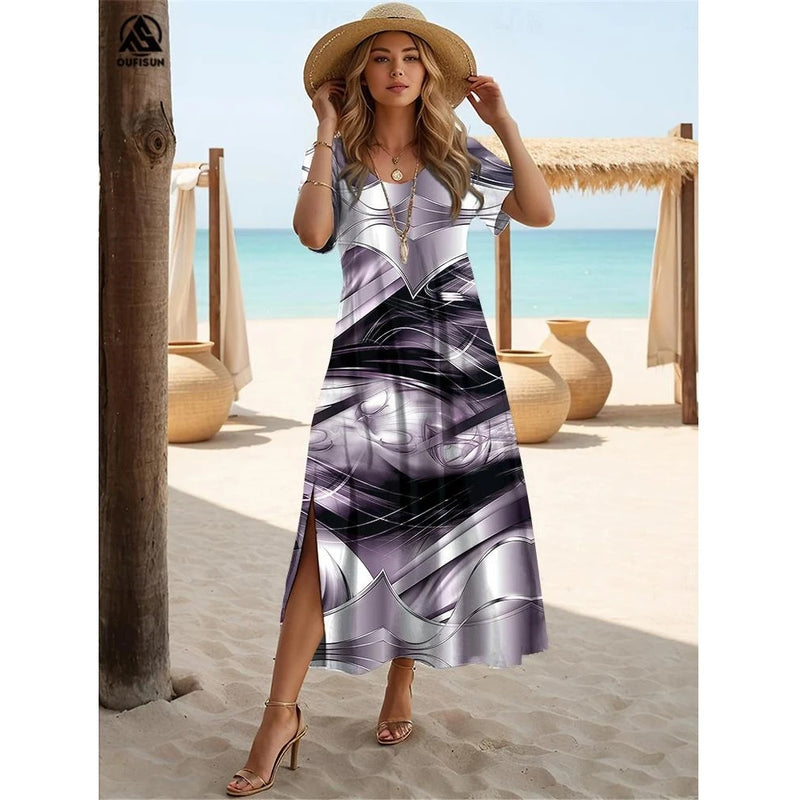 Summer Streaks Print Clothing Elegant Women's Slit Dress V-Neck Short Sleeves Long Dresses Loose Pullover Hot Selling Streetwear