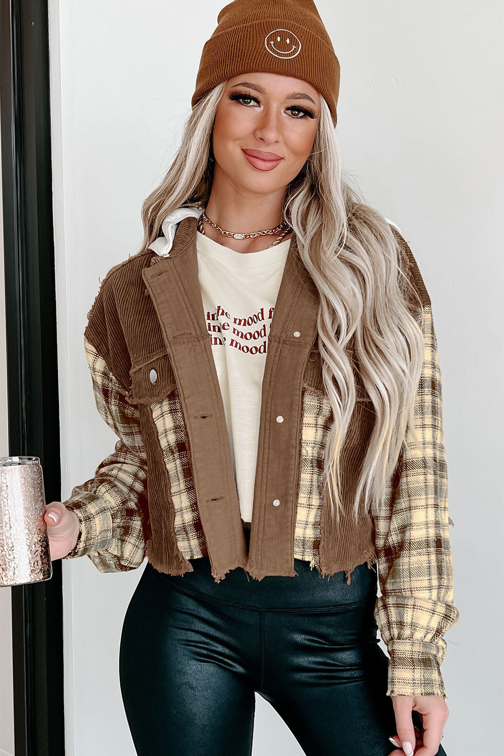 Brown Plaid Patchwork Distressed Hooded Cropped Jacket