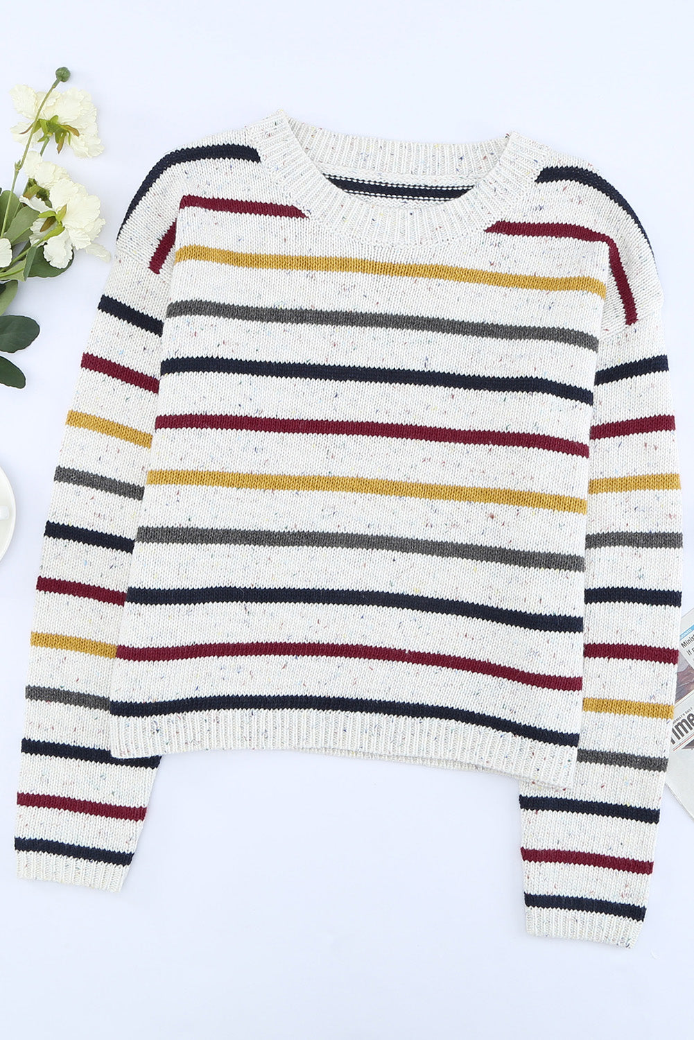 Striped Drop Sleeve Crew Neck Knit Sweater