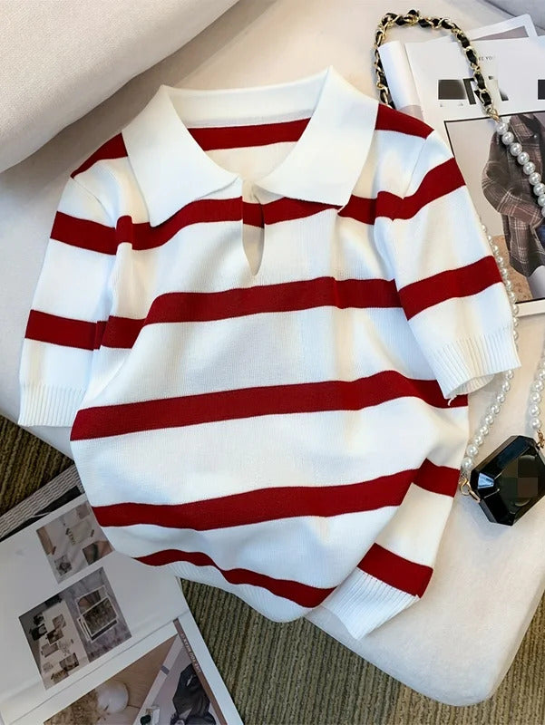 2024 New Striped Pattern Collared Sweater Versatile Short Sleeve Knitted Top For Spring & Summer Women's Clothing Crop Top