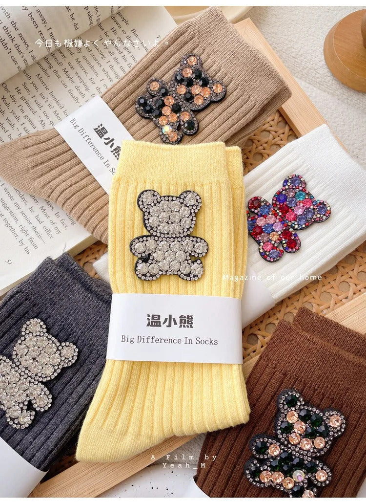 Diamond Cartoon Bear Decorative Socks, Fashionable Diamond Sparkling Women's Socks, Comfortable And Breathable Christmas Socks