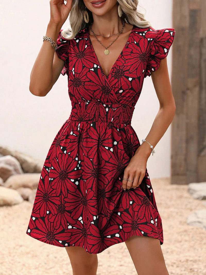 Chic Flower Print Vest A-Line Dress Women Summer V-Neck Mini Skirt Elegant Vacation Dresses