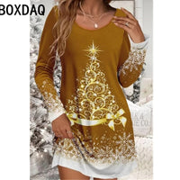 Ladies' Red Christmas Day Party Dress 3D Christmas Tree Pattern Printed Dress Big Size Autumn Long Sleeve O-Neck Casual Dresses