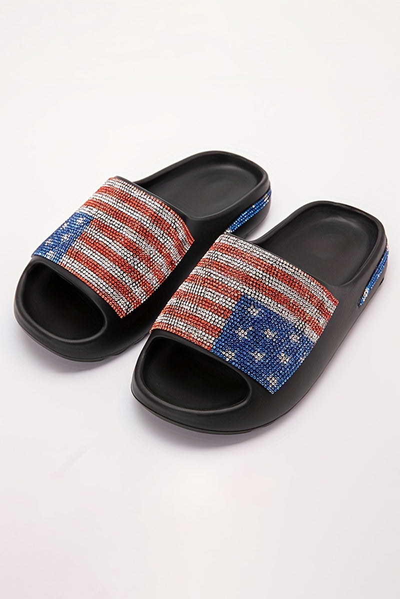 Black Rhinestone American Flag Thick Sole Slippers