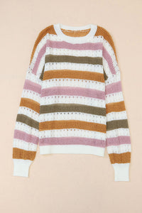 Tan Striped Hollowed Knitted Loose Sweater