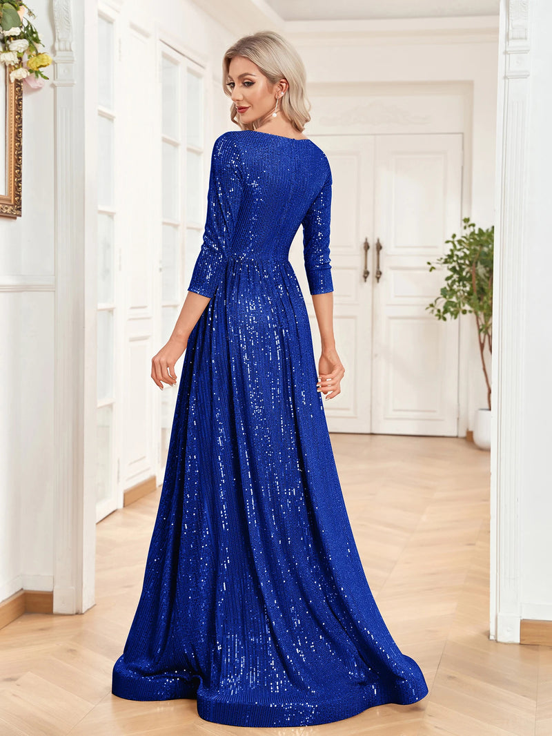 Lucyinlove Luxury V Neck Long Sleeves Blue Sequins Formal Evening Dress Women 2024 Wedding Party Prom Maxi Cocktail Dress Gowns