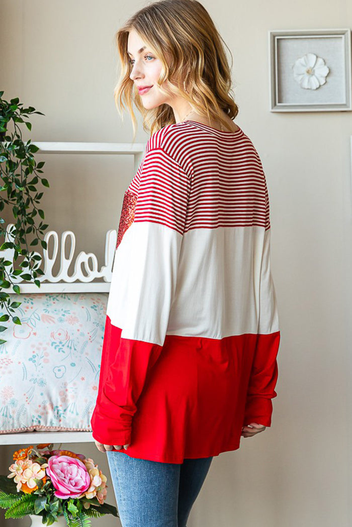 Fiery Red Valentine's Day Sequin Heart Striped Colorblock Top