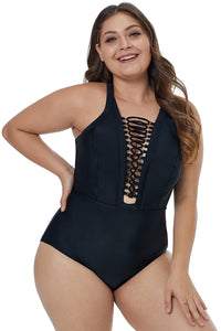 Solid Black Crisscross Plunge V Neck Plus Maillot Swimwear