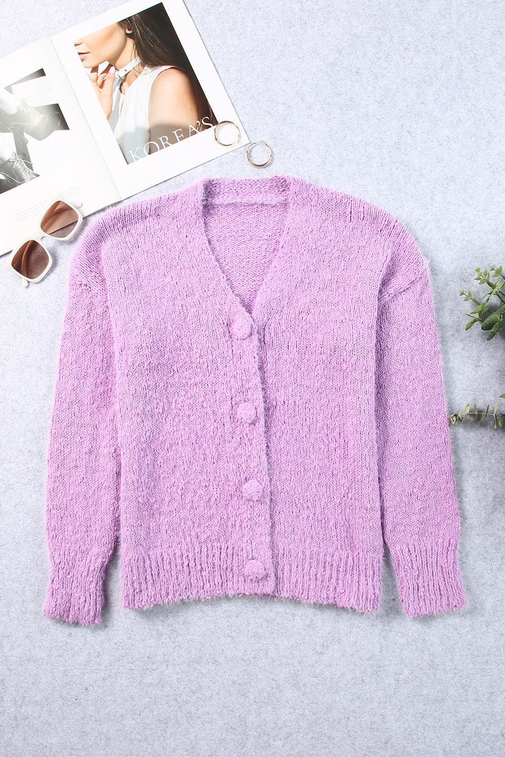 Purple V Neck Buttoned Open Front Sweater