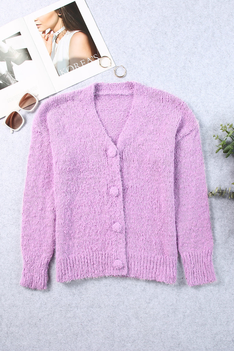 Purple V Neck Buttoned Open Front Sweater